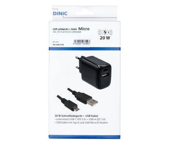 USB PD/QC 3.0 charging adapter incl. micro USB cable 20W, 3.6V~5.9V/3A; 6~9V/2A; 9V~12V/1.5A, black, DINIC box with Euro hole, 2m